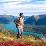 Mountain t-shirt on Alaska summit with blue lake