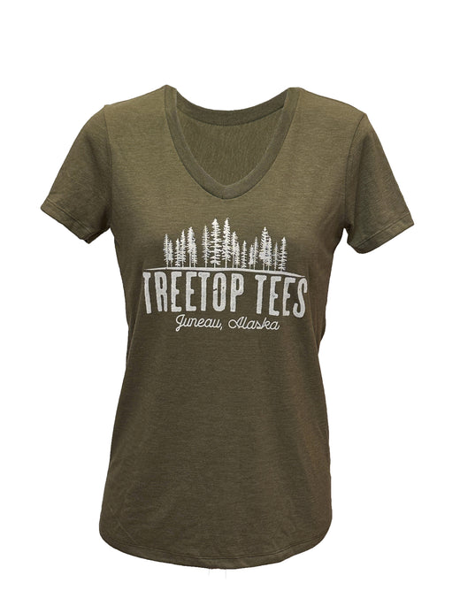 Treetop Tees, Juneau AK Tee - Green Ladies V-neck Olive