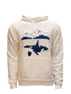 Orca swimming by mountains on a cream colored hoodie